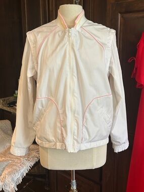 1980’s JC Penney Sz S White Convertible Bomber Jacket w Pink Trim
